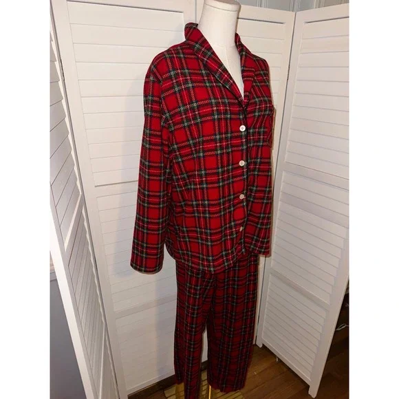 Lauren Ralph Lauren Red Plaid Fleece Pajama Set Women's XL Button Down Top Pants - Picture 3 of 10